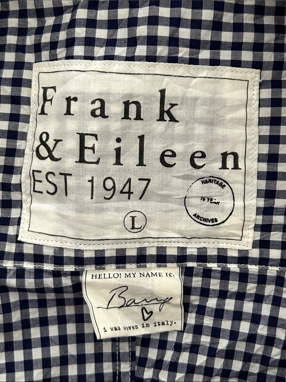 Frank & Eileen Navy and White Gingham Button-Down Shirt. Size Large. 100% cotton - Picture 5 of 6